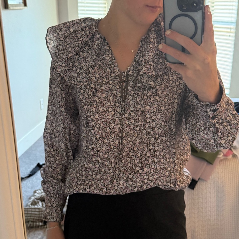 H&M Black and White Ruffled Bib Collar Blouse